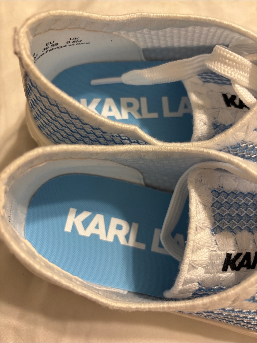Karl Lagerfeld White and Light Blue Knit Lace-Up Sneakers for Women - Picture 3 of 7